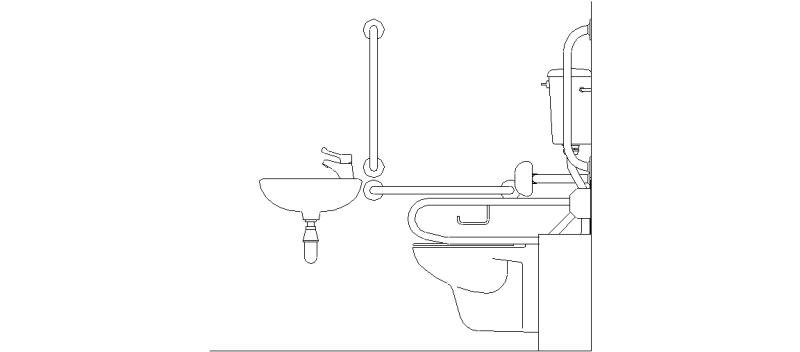 Banheiro adaptado para elevação lateral, vaso sanitário com barras e pia